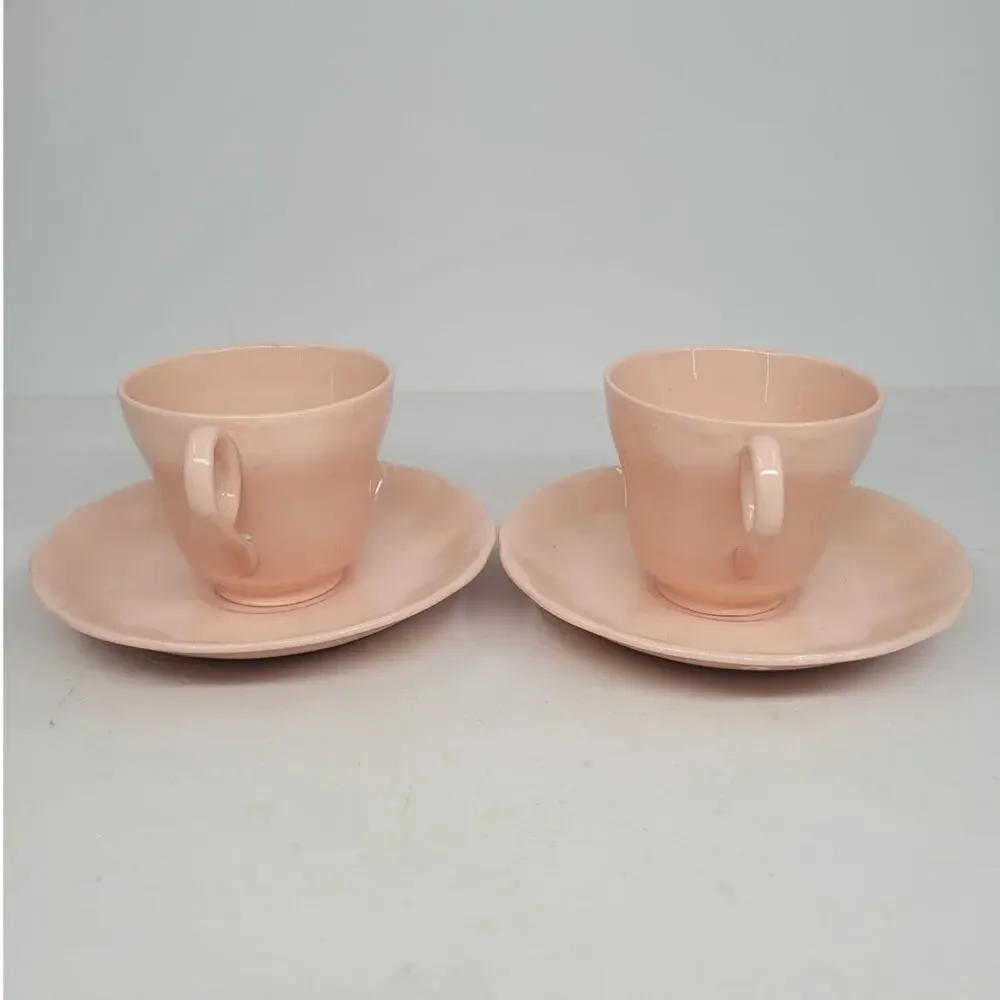 Grindley Peach Petal Pink Teacups Saucers Set of‎ 2 Vintage Wavy Rim China 3-5